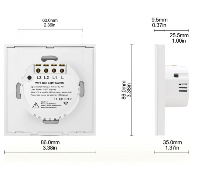 Intrerupator inteligent cu touch Rovo FN1C, Wi-Fi, fara nul, 1 canal, 10A, RF 433MHz, sticla securizata, Tuya, Life Smart, compatibil Amazon Alexa/Google Assistant, Alb [7]
