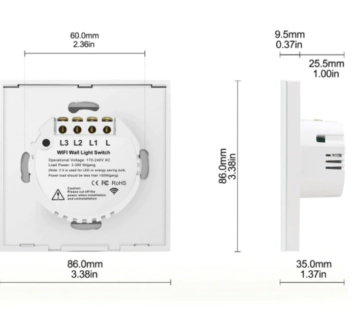 Intrerupator inteligent cu touch Rovo FN2C, Wi-Fi, fara nul, 2 canale, 10A, RF 433MHz [7]