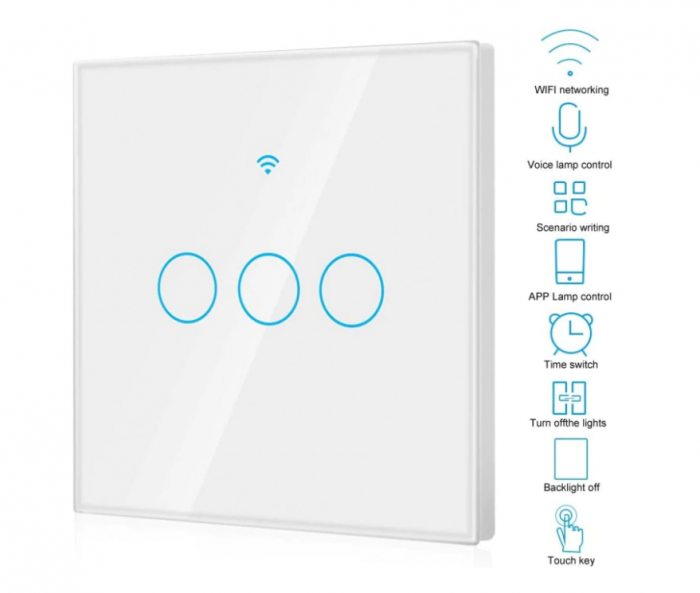Intrerupator inteligent cu touch Rovo FN3C, Wi-Fi, fara nul, 3 canale, 10A, RF 433MHz [5]