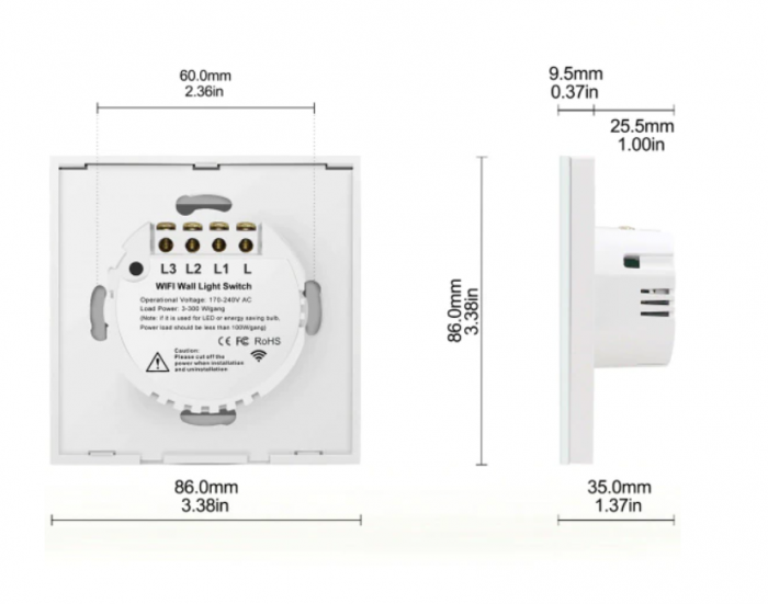 Intrerupator inteligent cu touch Rovo FN3C, Wi-Fi, fara nul, 3 canale, 10A, RF 433MHz [8]