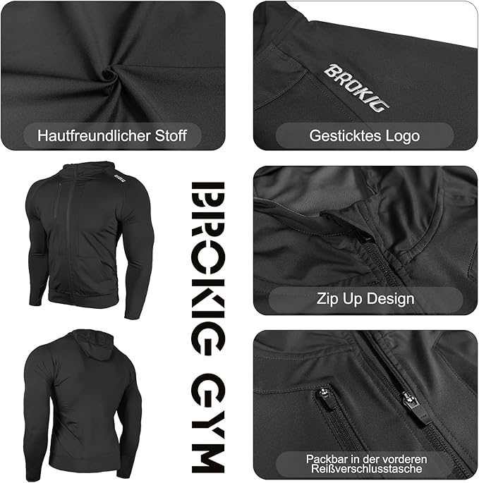 Jacheta sport cu fermoar pentru barbati BROKIG, cu uscare rapida, negru, L [7]