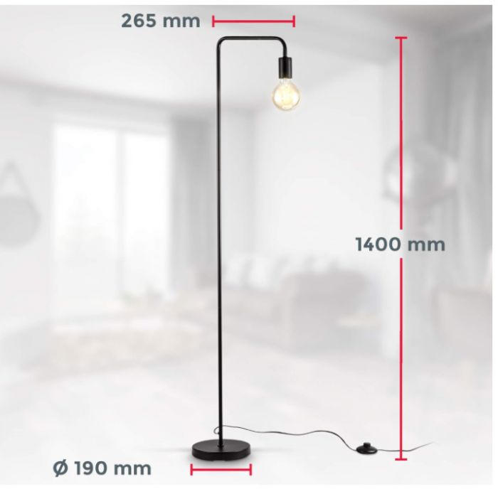Lampă de podea B.K.Licht curbată retro, Înălțime 140 cm, E27, negru [10]