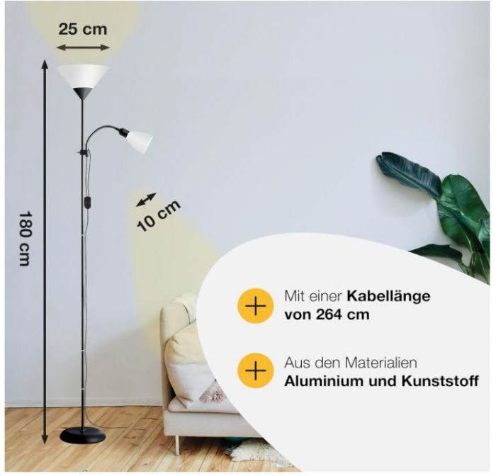 Lampa de podea Brilliant Spari, cu brat de citire, 60W, E27, negru/alb [6]