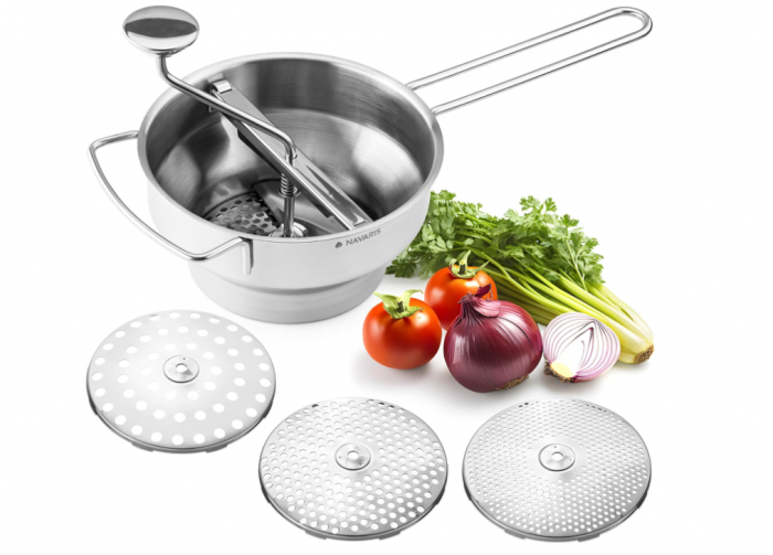 Masina de pasat/macinat, Moara rotativa Navaris din otel inoxidabil cu 3 discuri, 20 cm diametru [1]