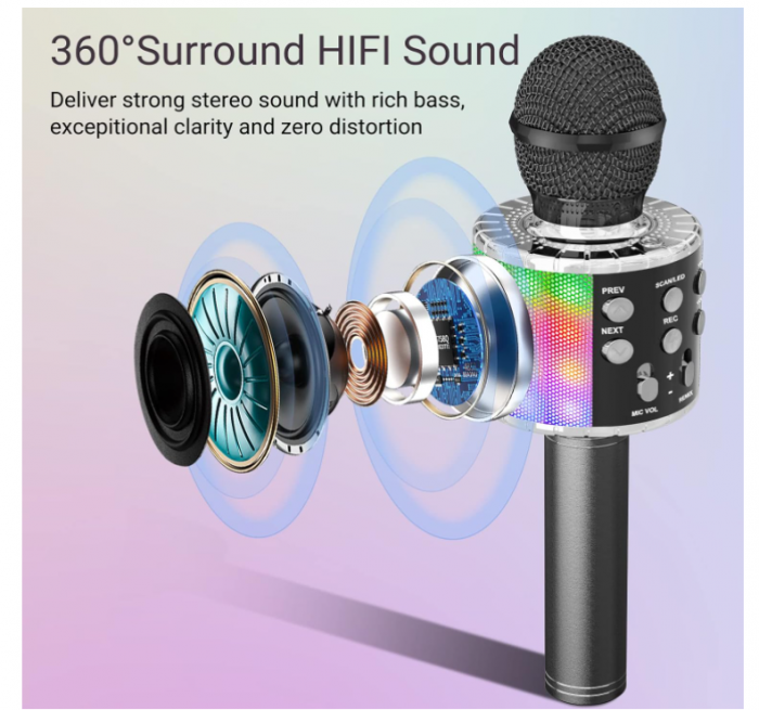 Microfon wireless Karaoke Ankuka, pentru copii cu lumini LED, negru [3]