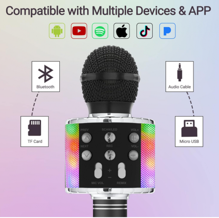 Microfon wireless Karaoke Ankuka, pentru copii cu lumini LED, negru [5]