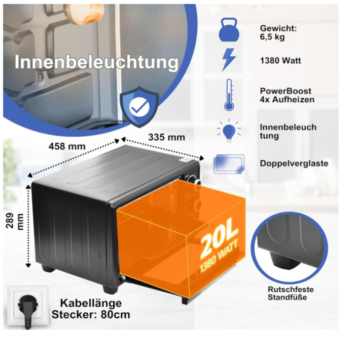 Mini-Cuptor electric OptimumX, 20 L, 1380 W, negru [6]