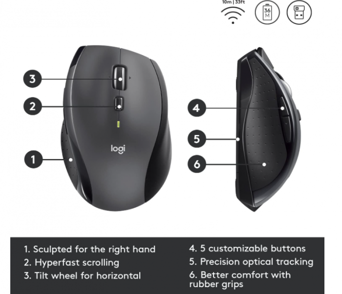 Mouse fără fir Logitech M705 Marathon, receptor USB unificator de 2,4 GHz, 1000 DPI, gri [7]