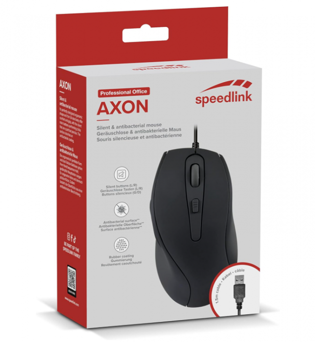 Mouse optic silențios Speedlink AXON cu cablu și suprafață antibacteriană, până la 2400 dpi, negru [7]