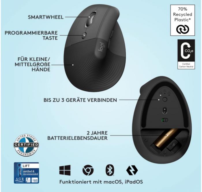 Mouse vertical Logitech Lift stangaci, Bluetooth, grafit [6]