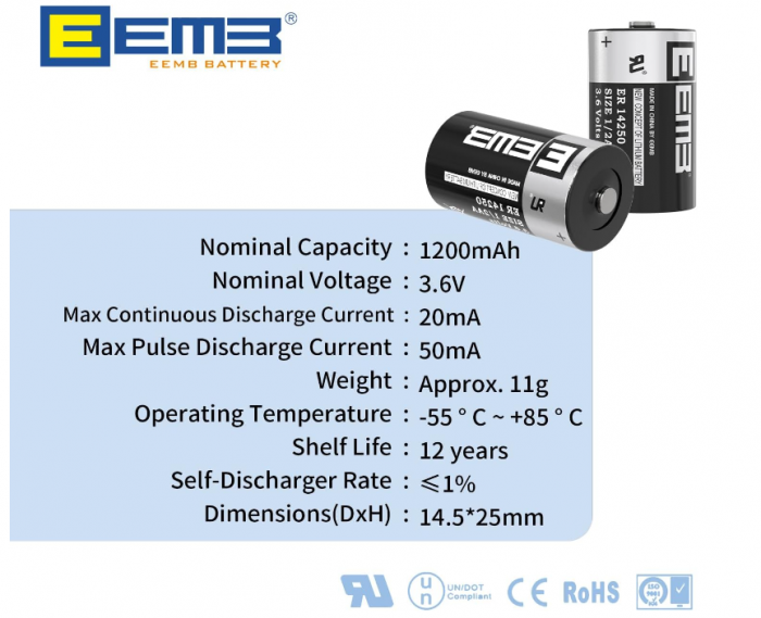 Pachet 10 baterii cu litiu EEMB ER14250 1/2AA 3.6VPachet 10 baterii cu litiu EEMB ER14250 1/2AA 3.6V [2]