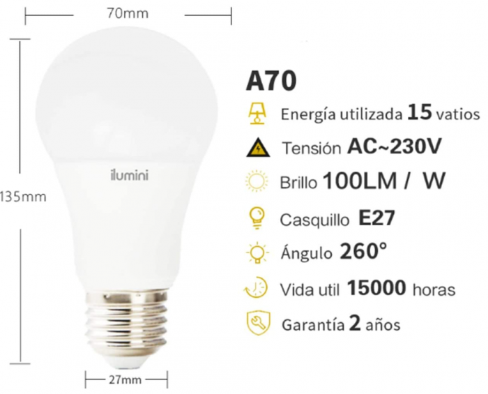 Pachet de 5 Becuri LED A70 Standard E27 15W [5]