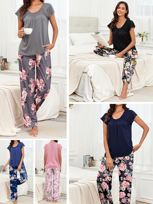 Pijama pentru femei Famulily, pantaloni lungi, tricou cu maneca scurta, model floral, M [5]