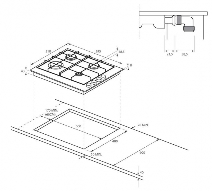 Plita incorporabila Candy CHW6LBX, Gaz, 4 Arzatoare, Aprindere electrica, 59.5 x 51 x 8 cm, Inox [13]
