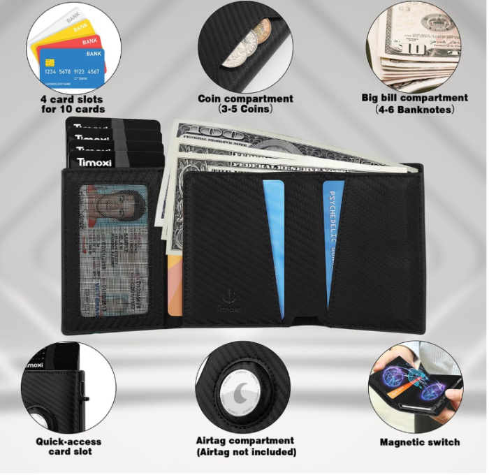Portofel cu compartiment pentru Airtag TIMOXI, protectie RFID, pentru barbati, negru [7]