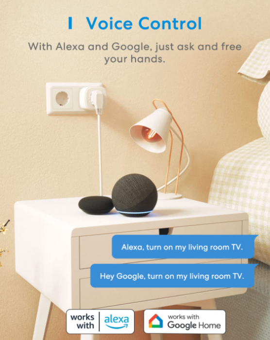 Priză inteligentă Meross 16 A, WiFi, control vocal, funcționează cu Alexa, Google Home, pachet de 2 [2]