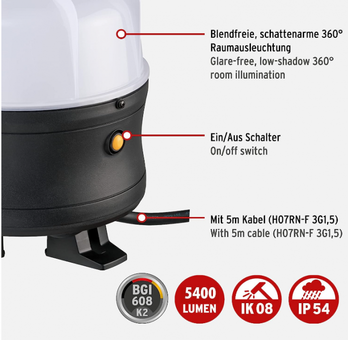 Proiector LED Brennenstuhl 360° pentru construcție, 50W, 5400lm, 6500K, IP54 [3]