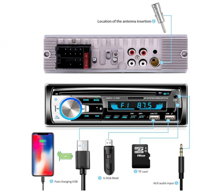 Radio auto Lifelf, 4 x 65W, FM/AM/MP3 Player, 2 x USB, AUX Audio [7]