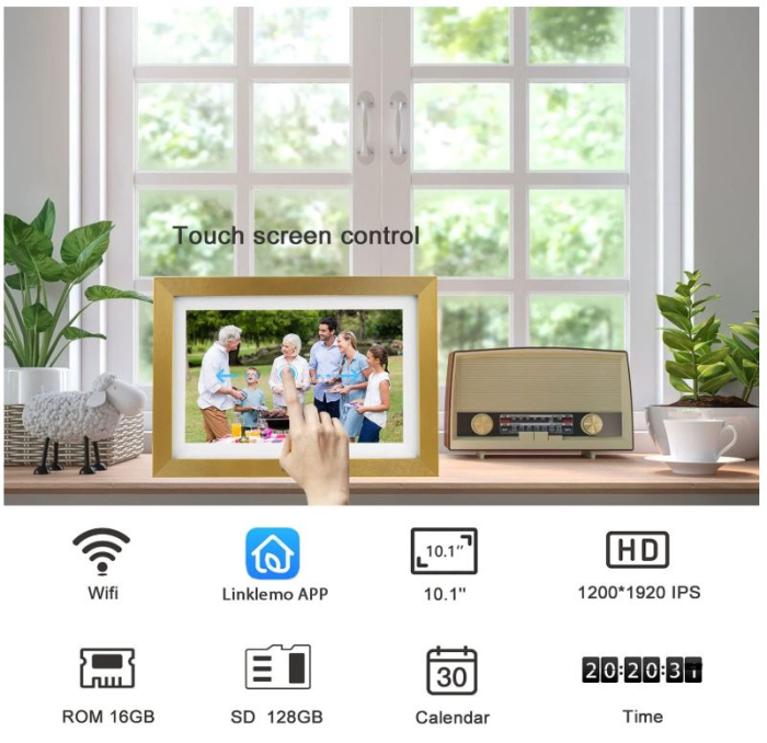 Ramă foto digitală Wi-Fi, 10 inch, ecran tactil, memorie de 16 GB, auriu [6]