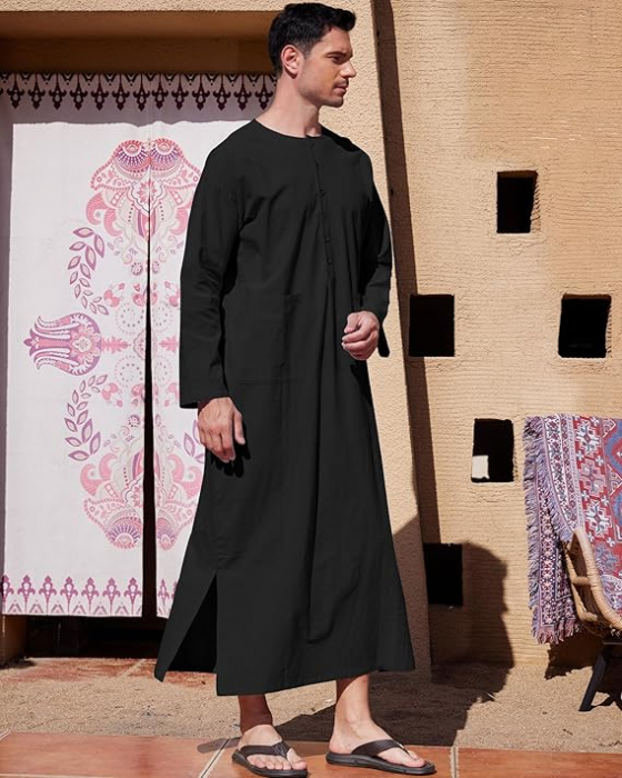 Roba pentru barbati musulmani YAOHUOLE, Kaftan Jubba Thobe Robe, negru, M [4]