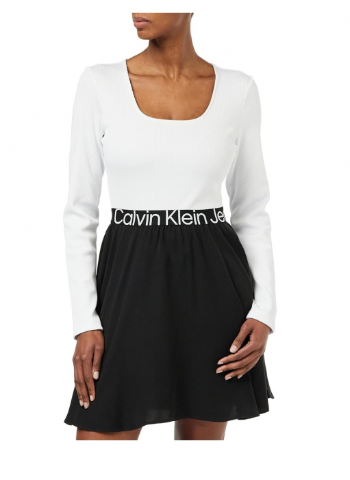 Rochie dama Calvin Klein Fit & Flare, cu maneca lunga, alb/negru, S [1]