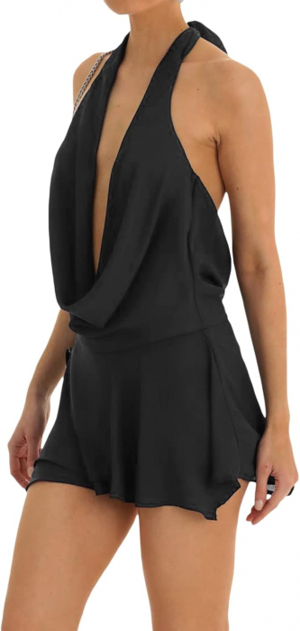 Rochie scurtă de vară Loalirando pentru femei, decolteu în V, negru, S [4]