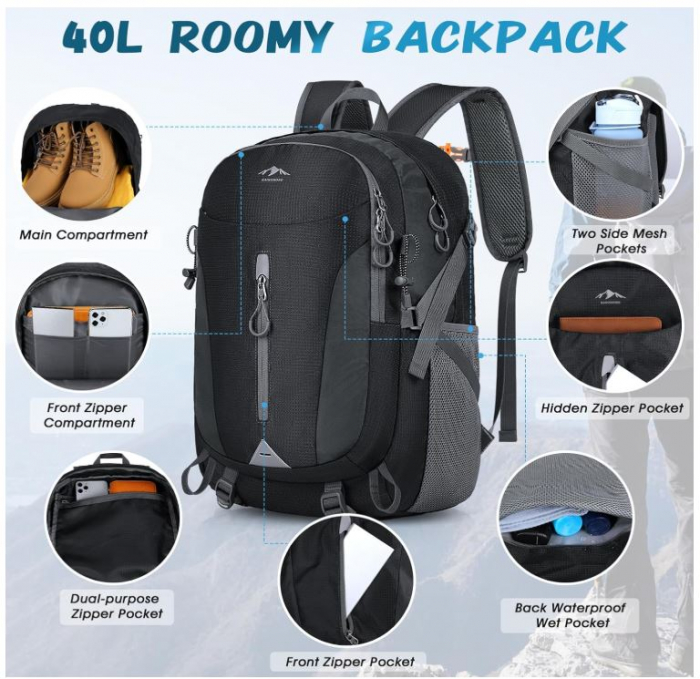 Rucsac de drumetie RAINSMORE, impermeabil, 40L, unisex, negru [5]