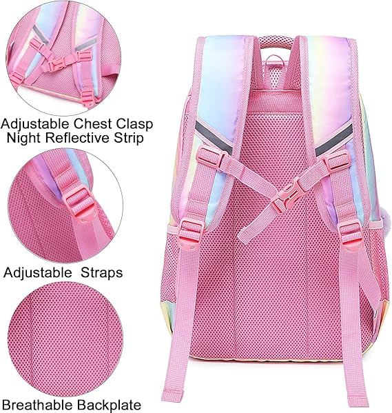 Rucsac de scoala pentru fete Meisohua, cu penar, imprimeu curcubeu cu sclipici [10]