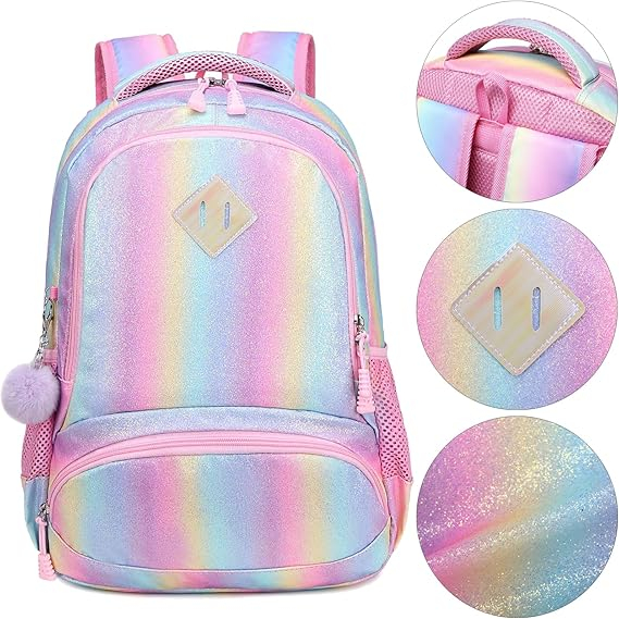 Rucsac de scoala pentru fete Meisohua, cu penar, imprimeu curcubeu cu sclipici [9]