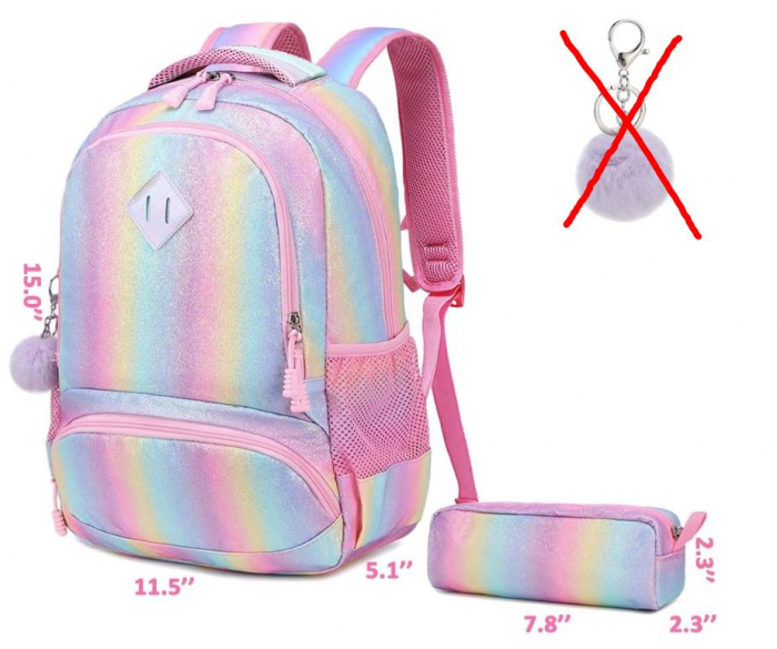 Rucsac de scoala pentru fete Meisohua, cu penar, imprimeu curcubeu cu sclipici [6]