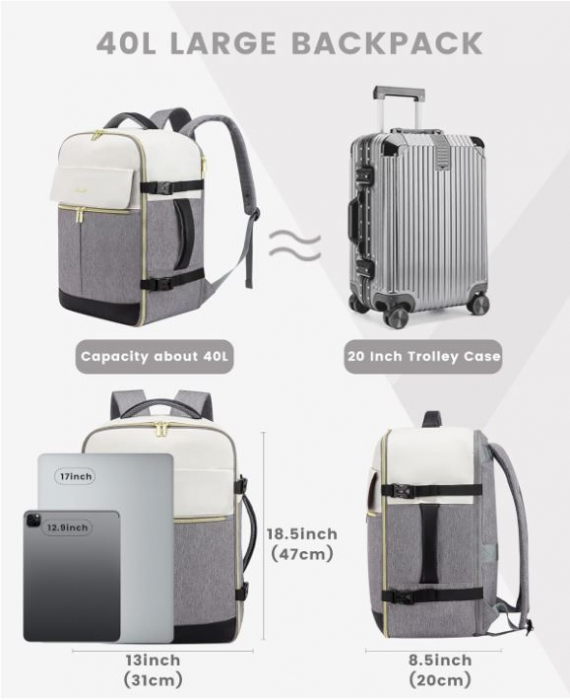 Rucsac de voiaj LOVEVOOK, 40L, 47 x 31 x 20 cm, gri [2]
