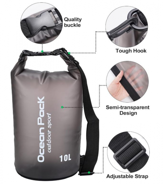 Sac impermeabil si husă impermeabilă pentru telefon Ocean Pack, 10L, negru [5]