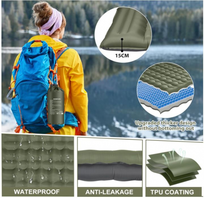 Saltea autogonflabila pentru camping WARMTUYO, 205 x 70 x 12 cm, verde army [5]