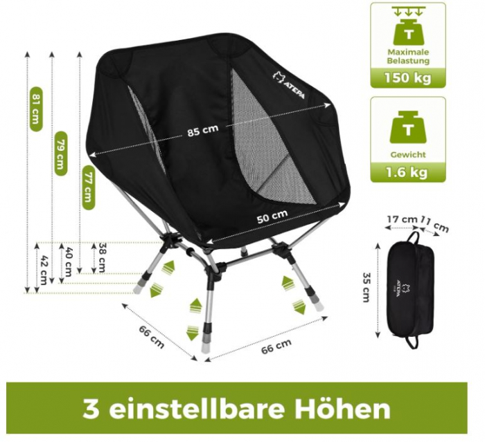 Scaun pliabil de camping/pescuit ATEPA, ultraușor, mare, 150 kg, cu geantă [3]