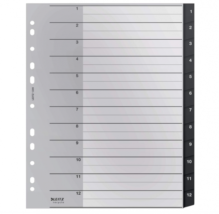 Separataore pentru mape Leitz Index, 1-12 file numerice, A4, din plastic reciclat 90%, 12090095, negru [1]