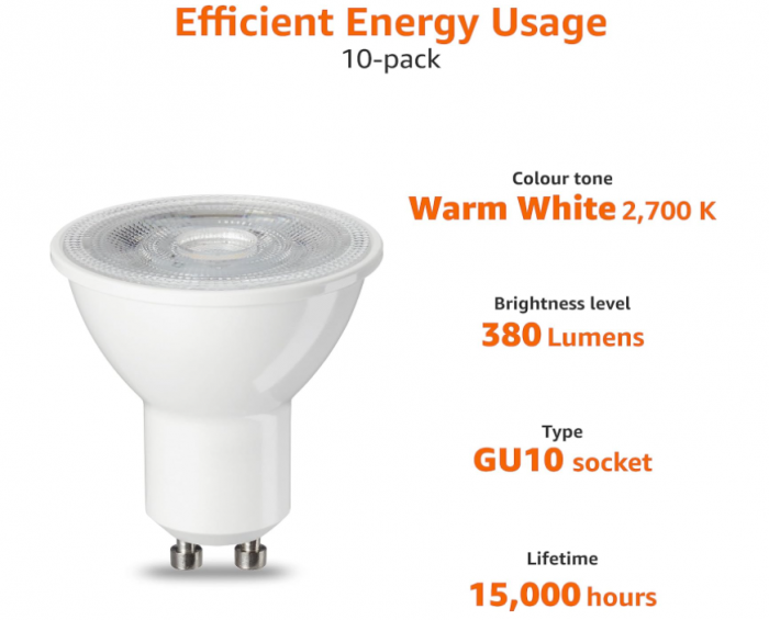 Set 10 becuri spot cu LED GU10 Amazon Basics,  4.7 W (echivalent cu 50 W), alb cald [4]