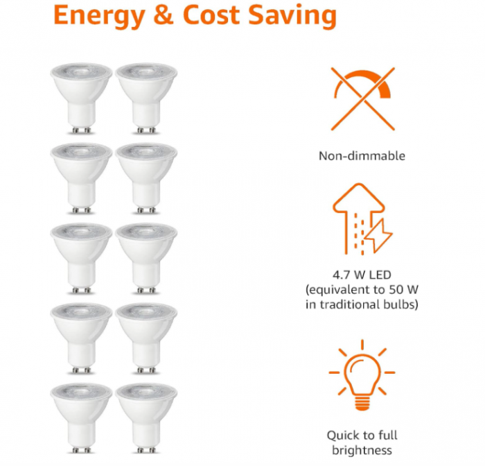 Set 10 becuri spot cu LED GU10 Amazon Basics,  4.7 W (echivalent cu 50 W), alb cald [5]