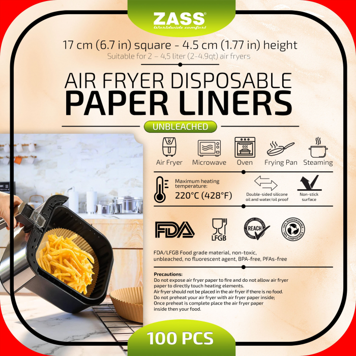 Set 100 buc Hartie de copt pentru friteuza cu aer cald airfryer ZASS ZPL 03, 17 cm, forma patrata, Maro [1]