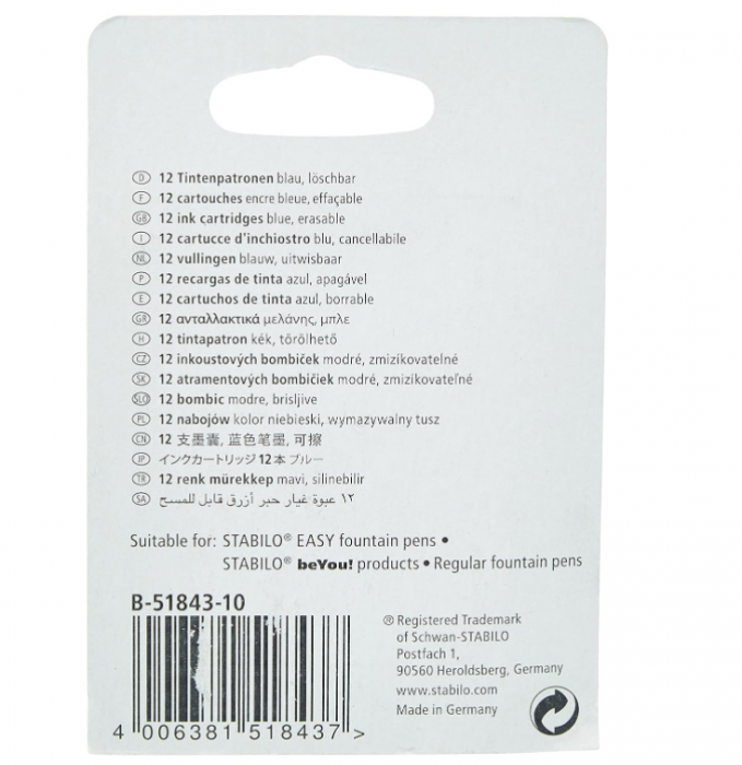 Set 12 patroane cerneala Stabilo, albastru [2]