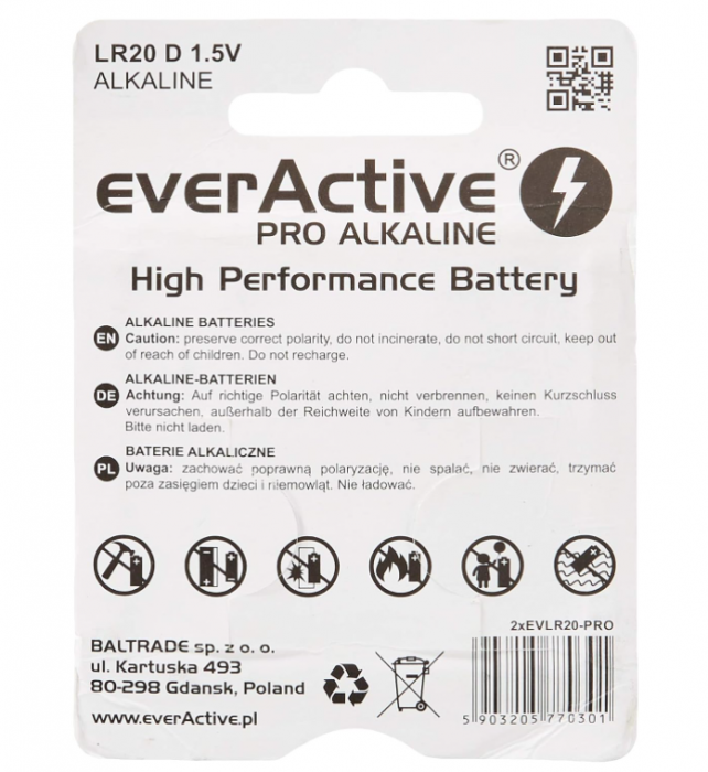 Set 2 baterii alcaline EverActive D, Pro Alcaline Mono LR20 R20 1.5V [2]