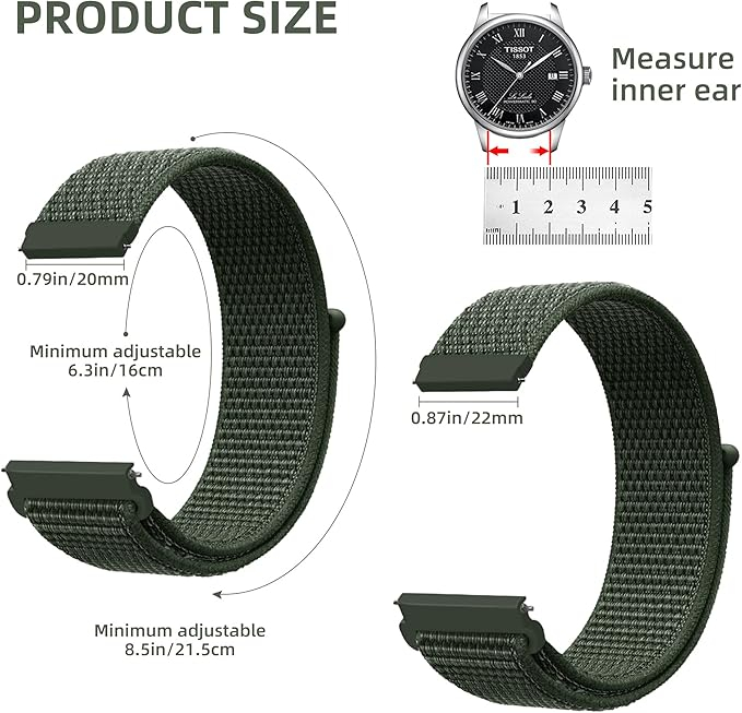 Set 2 curele de ceas din nailon Beifon, reglabile, 22 mm, negru + verde army [3]