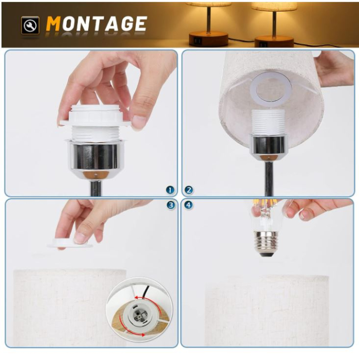 Set 2 lampi de noptiera LED Allesin, soclu bec E27, 2 porturi USB [9]