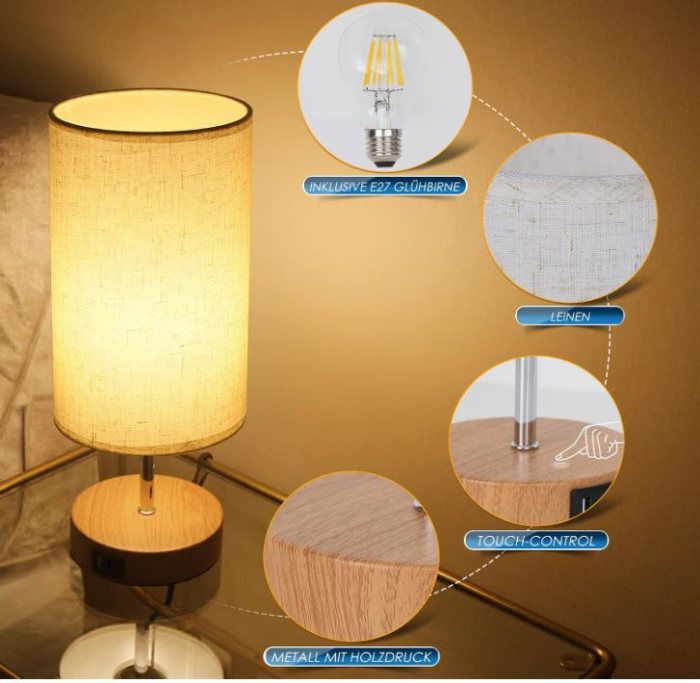 Set 2 lampi de noptiera LED Allesin, soclu bec E27, 2 porturi USB [7]
