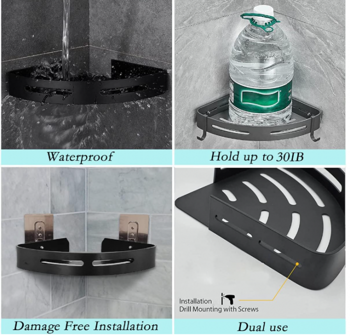 Set 2 rafturi colt baie Bituocs, cu 4 carlige, negru, din otel inoxidabil [5]