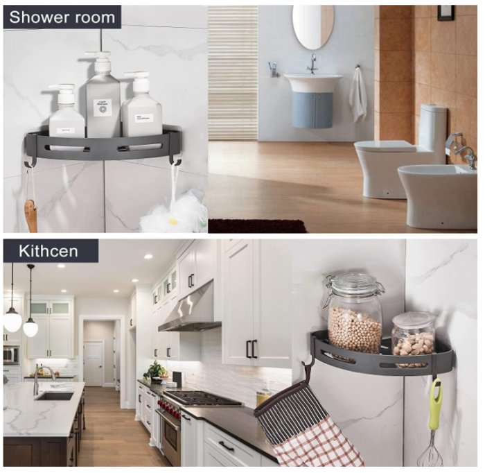 Set 2 rafturi colt baie Bituocs, cu 4 carlige, negru, din otel inoxidabil [6]