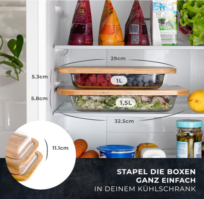 Set 2 Recipiente depozitare alimente pentru frigider Exitoso, din lemn si sticlă [4]