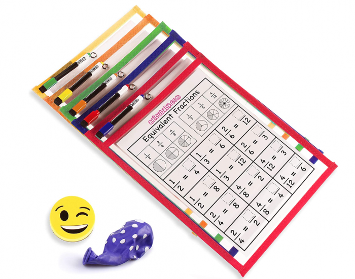 Set 5 Coperți pentru foi de lucru reutilizabile, Hârtie A4, 5 markere, 1 radiera, 1 balon [8]