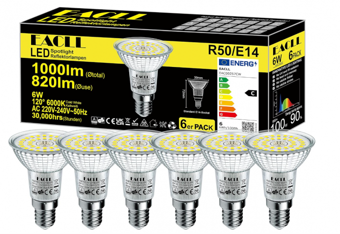 Set 6 becuri LED EACLL E14 alb rece, 6W echivalent 100W, R50 halogen, 6000K [5]