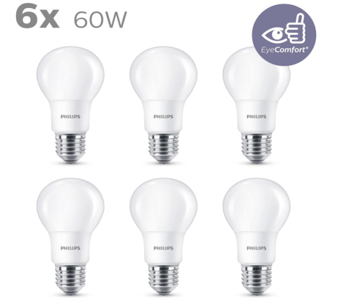 Set 6 Becuri PHILIPS LED E27, 8W (60W), alb cald [4]