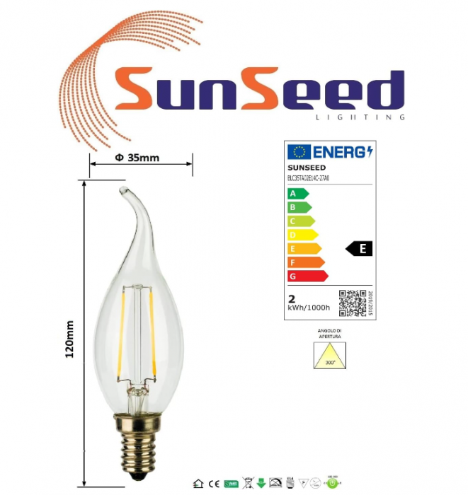 Set 10x Becuri LED tip flacără SUNSEED, filament E14, Alb cald 2700 K [4]